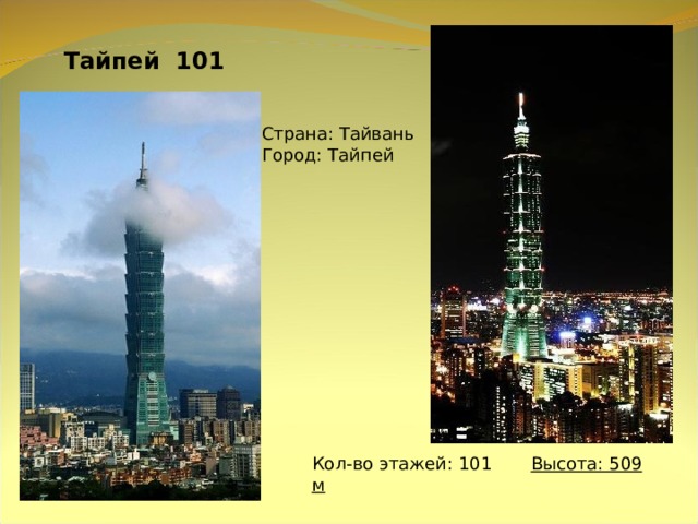 Тайпей 101 Страна: Тайвань Город: Тайпей Кол-во этажей: 101  Высота: 509 м     