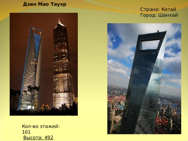 Дзин Мао Тауэр Страна: Китай Город: Шанхай  Кол-во этажей: 101   Высота: 492     