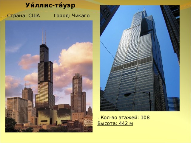 Уи́ллис-та́уэр    Страна: США Город: Чикаго  . Кол-во этажей: 108 Высота: 442 м       