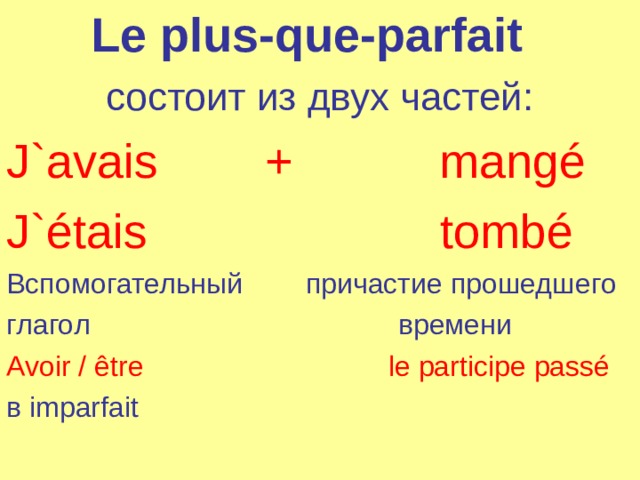 Le plus-que-parfait  c остоит из двух частей: J`avais + mangé J`étais tombé Вспомогательный  причастие прошедшего глагол  времени  Avoir / être  le participe passé в imparfait 