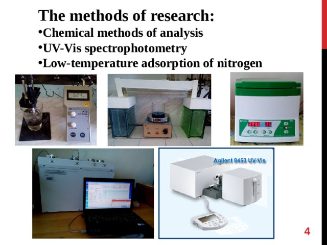 The methods of research: Chemical methods of analysis UV-Vis spectrophotometry Low-temperature adsorption of nitrogen  