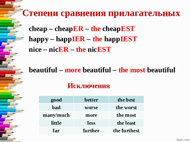 Степени сравнения прилагательных cheap – cheap ER – the cheap EST happy – happ IER – the happ IEST nice – nic ER – the nic EST  beautiful – more beautiful – the most beautiful Исключения good bad better many/much the best worse the worst little more far the most less the least further the furthest 