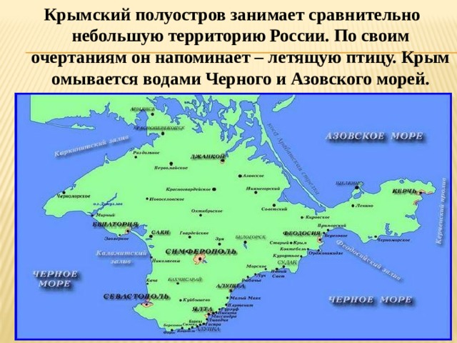 Крымский полуостров занимает сравнительно небольшую территорию России. По своим очертаниям он напоминает – летящую птицу. Крым омывается водами Черного и Азовского морей. 