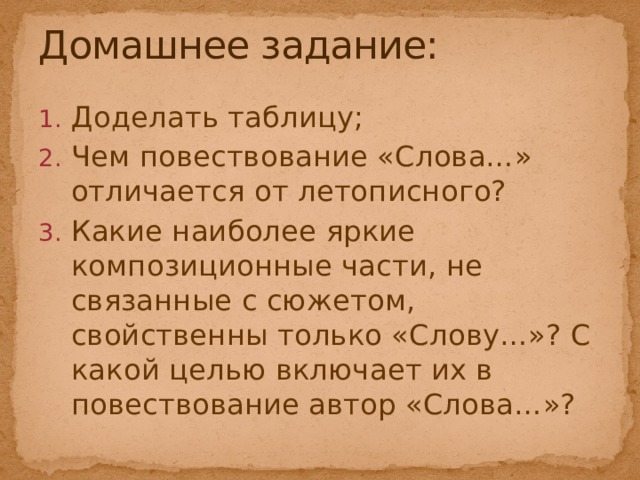 Домашнее задание: Доделать таблицу; Чем повествование «Слова…» отличается от летописного? Какие наиболее яркие композиционные части, не связанные с сюжетом, свойственны только «Слову…»? С какой целью включает их в повествование автор «Слова…»? 