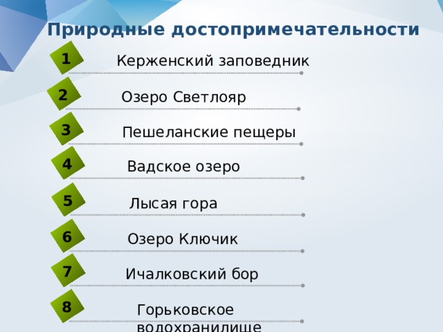 Природные достопримечательности 1 Керженский заповедник 2 Озеро Светлояр 3 Пешеланские пещеры 4 Вадское озеро 5 Лысая гора 6 Озеро Ключик 7 Ичалковский бор 8 Горьковское водохранилище 