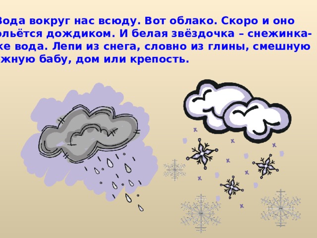  Вода вокруг нас всюду. Вот облако. Скоро и оно прольётся дождиком. И белая звёздочка – снежинка- тоже вода. Лепи из снега, словно из глины, смешную снежную бабу, дом или крепость. 