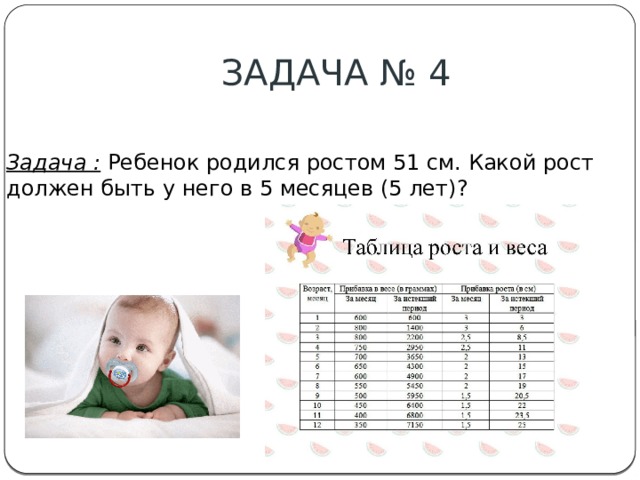 ЗАДАЧА № 4 Задача :  Ребенок родился ростом 51 см. Какой рост должен быть у него в 5 месяцев (5 лет)? 