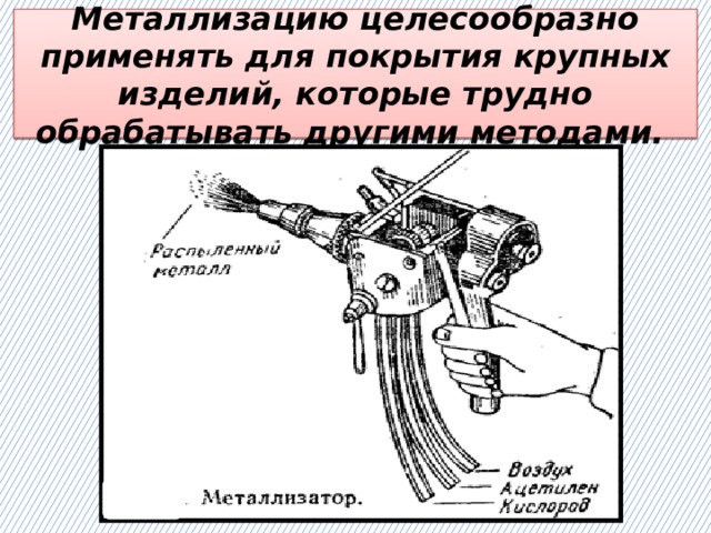  Металлизацию целесообразно применять для покрытия крупных изделий, которые трудно обрабатывать другими методами.   