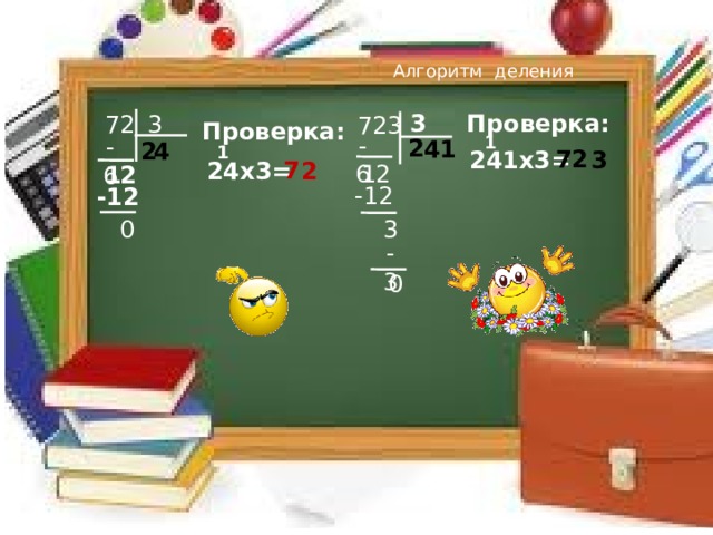 Алгоритм деления Проверка: 3 72 3 723 Проверка: -6 1 -6 2 4 1 4 2 1 7 2 241х3= 3 7 24х3= 2 2 1 2 1 -12 -12 3 0 -3 0 