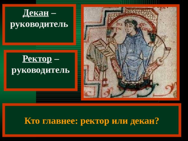 Декан – руководитель факультета  Ректор – руководитель университета  Кто главнее: ректор или декан? 