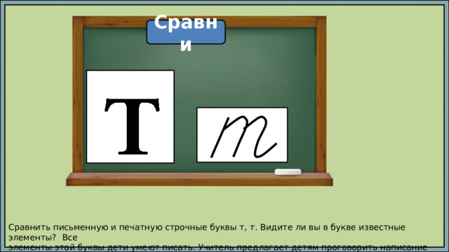 Сравни Сравнить письменную и печатную строчные буквы т, т . Видите ли вы в букве известные элементы? Все элементы этой буквы дети умеют писать. Учитель предлагает детям проговорить написание этой буквы. 