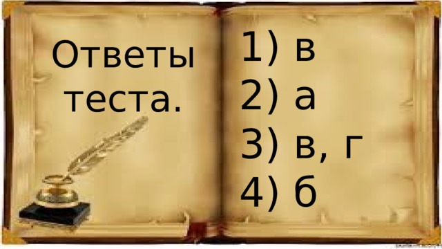 1) в 2) а 3) в, г 4) б Ответы теста. 