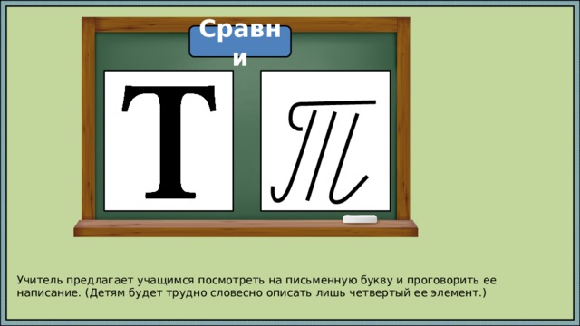 Сравни Учитель предлагает учащимся посмотреть на письменную букву и проговорить ее написание. (Детям будет трудно словесно описать лишь четвертый ее элемент.) 