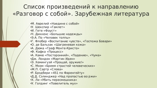 Список произведений к направлению «Разговор с собой». Зарубежная литература   М. Аврелий «Наедине с собой» У. Шекспир «Гамлет» И. Гете «Фауст» Ч. Диккенс «Большие надежды» Э.А. По «Человек толпы» Г. Флобер «Воспитание чувств», «Госпожа Бовари» О. де Бальзак «Шагреневая кожа» А. Дюма «Граф Монте-Кристо» Ф. Кафка «Процесс» А. Камю «Посторонний», «Падение», «Чума» Дж. Лондон «Мартин Иден» Э. Хемингуэй «Прощай, оружие!» С. Моэм «Бремя страстей человеческих» Ж.П. Сартр «Слова» Р. Брэдбери «451 по Фаренгейту» Д.Д. Сэлинджер «Над пропастью во ржи» Х. Ли «Убить пересмешника» У. Голдинг «Повелитель мух» 