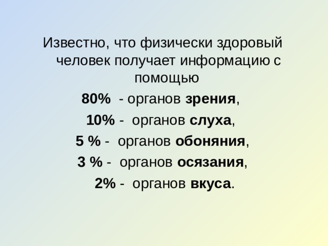 80 помощи. Известно что физически здоровый человек. Известно что физически здоровый человек приблизительно 80 процентов. Известно что физически здоровый человек наибольший объём информации. С помощью чего здоровый человек получает большую часть информации.