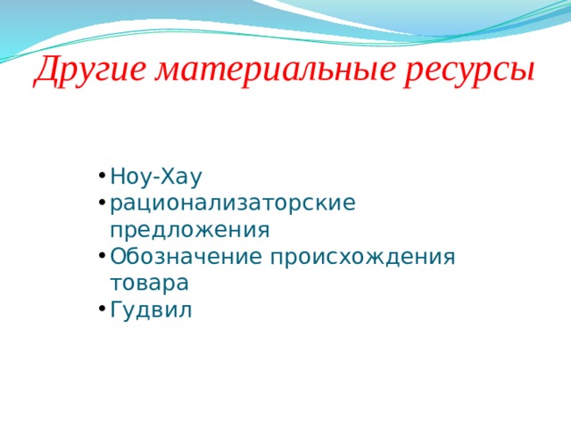    Другие материальные ресурсы   Ноу-Хау рационализаторские предложения Обозначение происхождения товара Гудвил 