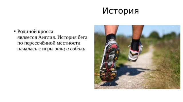  История   Родиной кросса является Англия. История бега по пересечённой местности началась с игры  заяц и собаки .  
