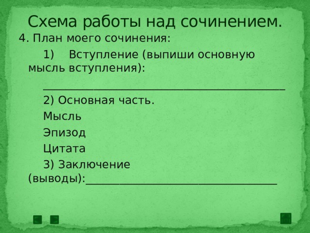 Схема работы над сочинением. 4. План моего сочинения: 1) Вступление (выпиши основную мысль вступления): ___________________________________________ 2) Основная часть. Мысль  Эпизод  Цитата 3) Заключение (выводы):__________________________________ 