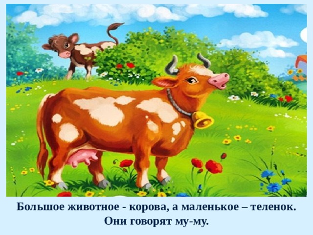 Большое животное - корова, а маленькое – теленок.  Они говорят му-му. 