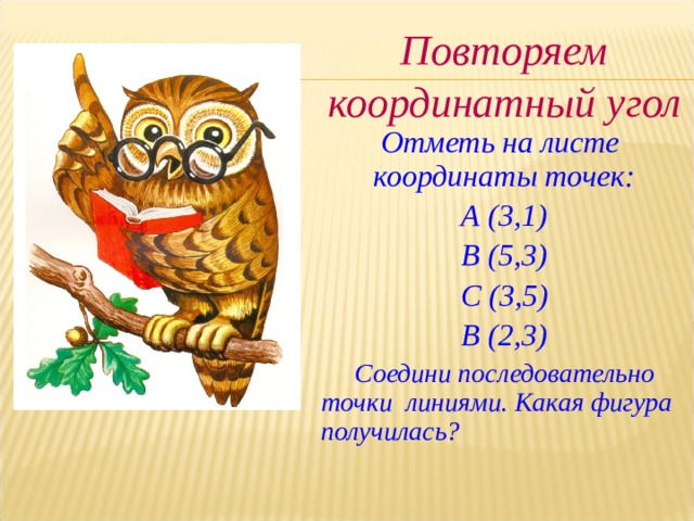 Повторяем координатный угол Отметь на листе координаты точек: А (3,1) В (5,3) С (3,5) В (2,3)  Соедини последовательно точки линиями. Какая фигура получилась?  