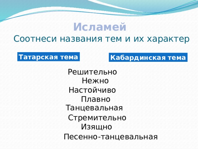 Исламей  Соотнеси названия тем и их характер Татарская тема Кабардинская тема Решительно  Нежно Настойчиво Плавно Танцевальная  Стремительно Изящно  Песенно-танцевальная 