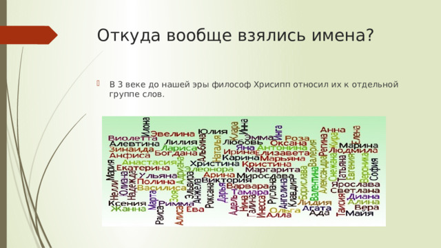 Откуда вообще взялись имена? В 3 веке до нашей эры философ Хрисипп относил их к отдельной группе слов. 