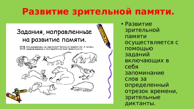   Развитие зрительной памяти.   Развитие зрительной памяти осуществляется с помощью заданий включающих в себя запоминание слов за определенный отрезок времени, зрительные диктанты. 