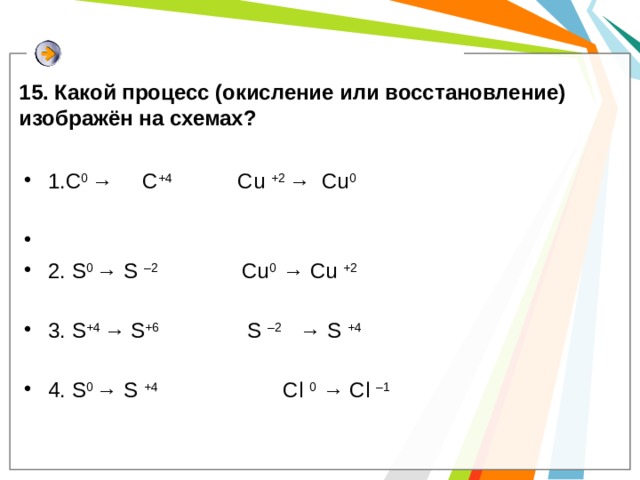 15. Какой процесс (окисление или восстановление) изображён на схемах? 1.C 0 → C +4    Cu +2 → Cu 0 2. S 0 → S –2  Cu 0 → Cu +2 3. S +4 → S +6  S –2 → S +4 4. S 0 → S +4  Cl 0 → Cl –1 
