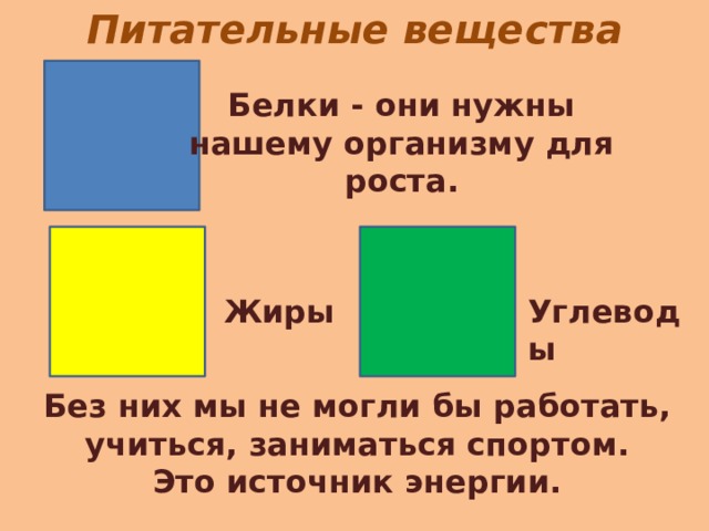Питательные вещества Белки - они нужны нашему организму для роста. Жиры Углеводы Без них мы не могли бы работать,  учиться, заниматься спортом. Это источник энергии. 