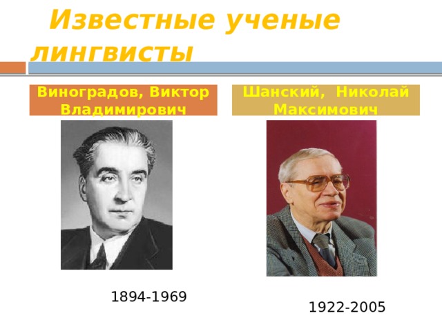  Известные ученые лингвисты Шанский, Николай Максимович Виноградов, Виктор Владимирович  1894-1969  1922-2005 