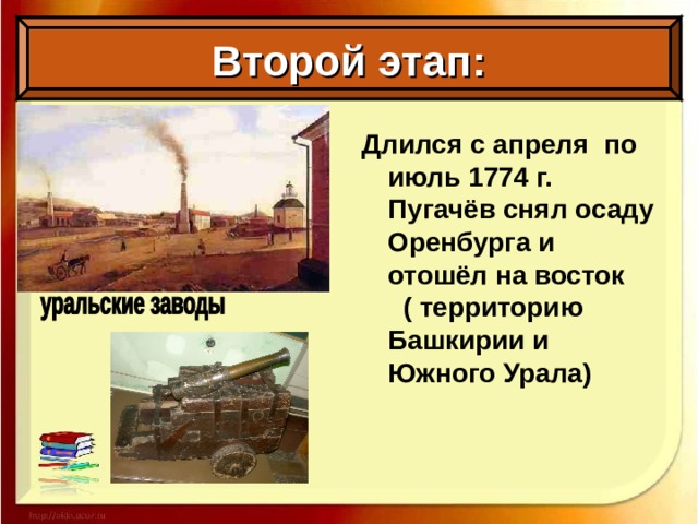Второй этап: Длился с апреля по июль 1774 г. Пугачёв снял осаду Оренбурга и отошёл на восток ( территорию Башкирии и Южного Урала)
