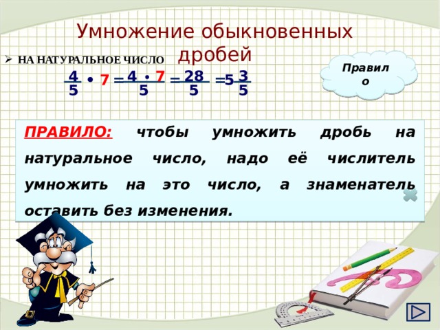 Умножение обыкновенных дробей Правило  НА НАТУРАЛЬНОЕ ЧИСЛО 4 3 4 28 7 5 = = • = 7 •  5 5 5 5 ПРАВИЛО:  чтобы умножить дробь на натуральное число, надо её числитель умножить на это число, а знаменатель оставить без изменения.  