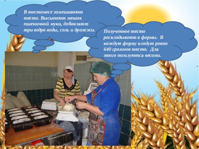 В тестомесе замешивают тесто.  Высыпают мешок пшеничной муки, добавляют три ведра воды, соль и дрожжи. Полученное тесто раскладывают в формы. В каждую форму кладут ровно 640 граммов теста. Для этого пользуются весами. 