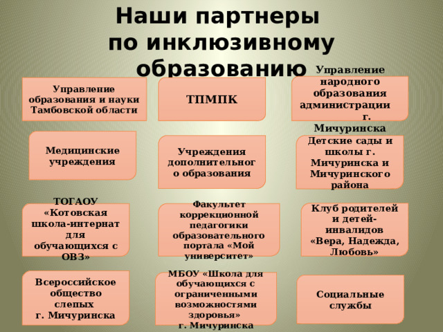 Наши партнеры  по инклюзивному образованию  Управление народного образования администрации г. Мичуринска  ТПМПК Управление образования и науки Тамбовской области Медицинские учреждения Учреждения дополнительного образования Детские сады и школы г. Мичуринска и Мичуринского района Клуб родителей и детей-инвалидов «Вера, Надежда, Любовь» Факультет коррекционной педагогики образовательного портала «Мой университет»  ТОГАОУ «Котовская школа-интернат для обучающихся с ОВЗ»  Всероссийское общество слепых г. Мичуринска МБОУ «Школа для обучающихся с ограниченными возможностями здоровья» г. Мичуринска Социальные службы 