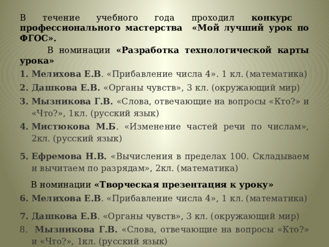 В течение учебного года проходил конкурс профессионального мастерства «Мой лучший урок по ФГОС».  В номинации «Разработка технологической карты урока» Мелихова Е.В . «Прибавление числа 4». 1 кл. (математика) Дашкова Е.В. «Органы чувств», 3 кл. (окружающий мир) Мызникова Г.В. «Слова, отвечающие на вопросы «Кто?» и «Что?», 1кл. (русский язык) Мистюкова М.Б . «Изменение частей речи по числам», 2кл. (русский язык) Ефремова Н.В. «Вычисления в пределах 100. Складываем и вычитаем по разрядам», 2кл. (математика)  В номинации «Творческая презентация к уроку» Мелихова Е.В . «Прибавление числа 4», 1 кл. (математика) Дашкова Е.В . «Органы чувств», 3 кл. (окружающий мир)  Мызникова Г.В. «Слова, отвечающие на вопросы «Кто?» и «Что?», 1кл. (русский язык) 