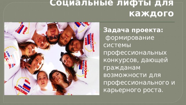 Социальные лифты для каждого Задача проекта:  формирование системы профессиональных конкурсов, дающей гражданам возможности для профессионального и карьерного роста. 