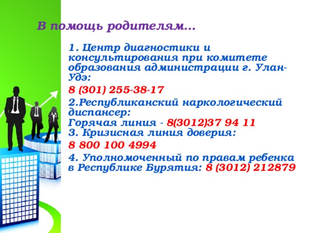 В помощь родителям… 1 . Центр диагностики и консультирования при комитете образования администрации г. Улан-Удэ: 8 (301) 255-38-17 2.Республиканский наркологический диспансер:  Горячая линия - 8(3012)37 94 11  3. Кризисная линия доверия: 8 800 100 4994 4. Уполномоченный по правам ребенка в Республике Бурятия: 8 (3012) 212879   