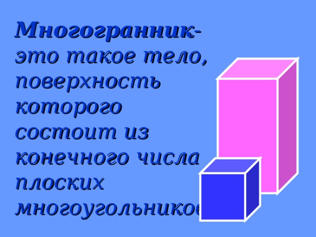 Многогранник - это такое тело, поверхность которого состоит из конечного числа плоских многоугольников.   