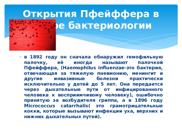 Открытия Пфейффера в сфере бактериологии в 1892 году он сначала обнаружил гемофильную палочку, её иногда называют палочкой Пфейффера, (Haemophilus influenzae-это бактерия, отвечающая за тяжелую пневмонию, менингит и другие инвазивные болезни практически исключительно у детей до 5 лет. Она передается через дыхательные пути от инфицированного человека к восприимчивому человеку), ошибочно принятую за возбудителя гриппа, а в 1896 году Micrococcus catarrhalis( это грамотрицательные кокки, которые вызывают инфекции уха, верхних и нижних дыхательных путей).  