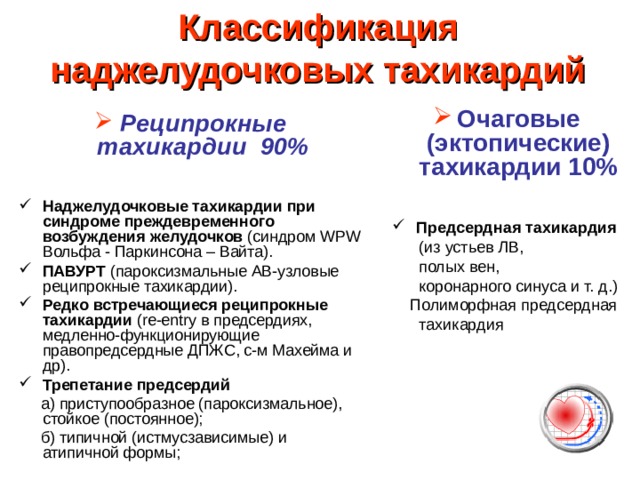 Классификация наджелудочковых тахикардий Очаговые (эктопические) тахикардии 10%  Предсердная тахикардия  (из устьев ЛВ,  полых вен,  коронарного синуса и т. д.)  Полиморфная предсердная  тахикардия Реципрокные тахикардии 90%  Наджелудочковые тахикардии при синдроме преждевременного возбуждения желудочков (синдром WPW Вольфа - Паркинсона – Вайта). ПАВУРТ (пароксизмальные АВ-узловые реципрокные тахикардии). Редко встречающиеся реципрокные тахикардии ( re-entry в предсердиях, медленно-функционирующие правопредсердные ДПЖС, с-м Махейма и др). Трепетание предсердий  а) приступообразное (пароксизмальное), стойкое (постоянное);  б) типичной (истмусзависимые) и атипичной формы; 
