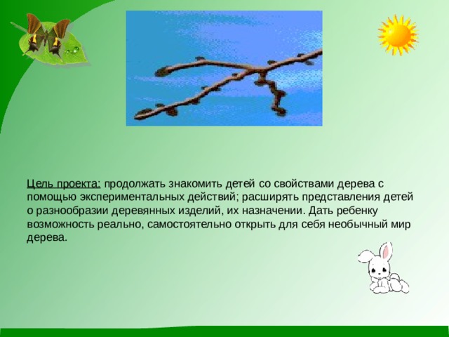            Цель проекта: продолжать знакомить детей со свойствами дерева с помощью экспериментальных действий; расширять представления детей о разнообразии деревянных изделий, их назначении. Дать ребенку возможность реально, самостоятельно открыть для себя необычный мир дерева.    