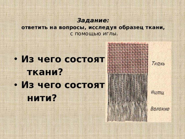  Задание:  ответить на вопросы, исследуя образец ткани,  с помощью иглы. Из чего состоят  ткани? Из чего состоят  нити? 