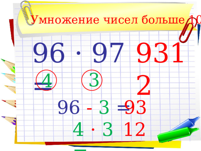 Умножение чисел больше 10 96 · 97 = 9312 3 4 96 -  3 = 93 4 · 3 = 12 