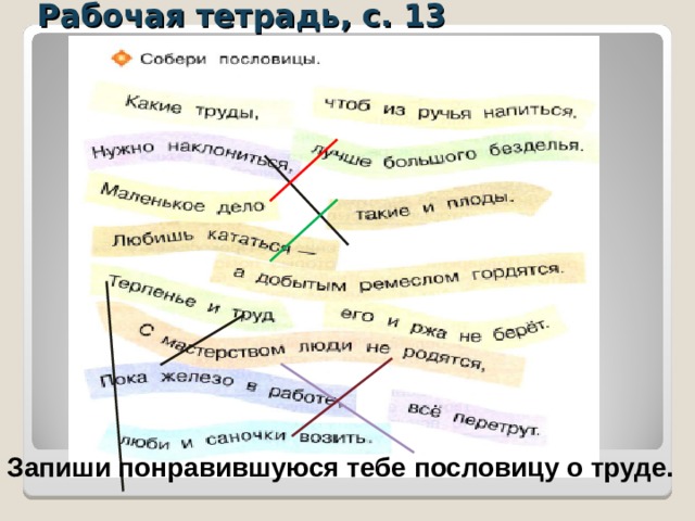 Рабочая тетрадь, с. 13 Запиши понравившуюся тебе пословицу о труде. 