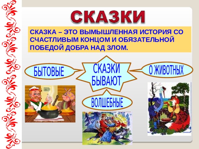 СКАЗКА – ЭТО ВЫМЫШЛЕННАЯ ИСТОРИЯ СО СЧАСТЛИВЫМ КОНЦОМ И ОБЯЗАТЕЛЬНОЙ ПОБЕДОЙ ДОБРА НАД ЗЛОМ. 