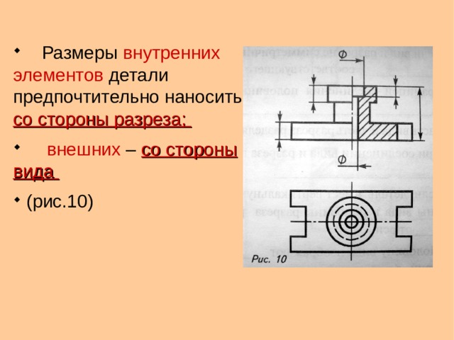  Размеры внутренних элементов детали предпочтительно наносить со стороны разреза ;    внешних – со стороны вида  (рис.10)  Размеры внутренних элементов детали предпочтительно наносить со стороны разреза ;    внешних – со стороны вида  (рис.10)  