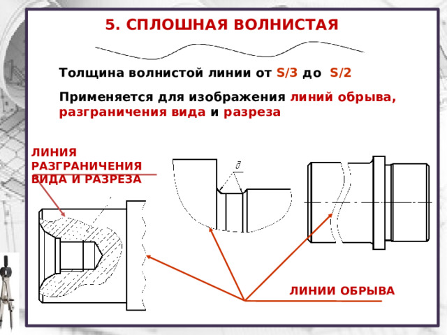 5. СПЛОШНАЯ ВОЛНИСТАЯ ЛИНИЯ Толщина волнистой линии от S/3 до S/2 Применяется для изображения линий обрыва, разграничения вида  и  разреза ЛИНИЯ РАЗГРАНИЧЕНИЯ ВИДА И РАЗРЕЗА ЛИНИИ ОБРЫВА 