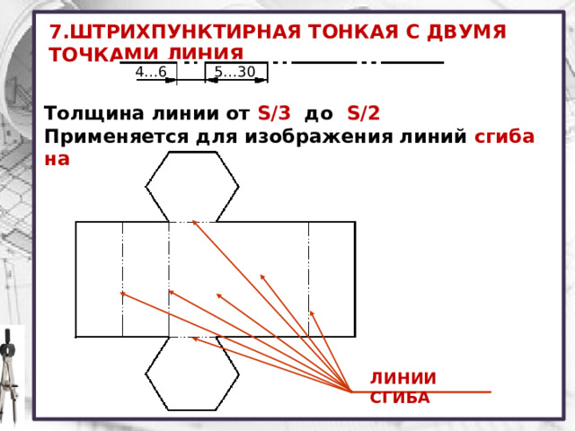 7.ШТРИХПУНКТИРНАЯ ТОНКАЯ С ДВУМЯ ТОЧКАМИ ЛИНИЯ 4…6 5…30 Толщина линии от S/3  до  S/2 Применяется для изображения линий сгиба на развёртках ЛИНИИ СГИБА 