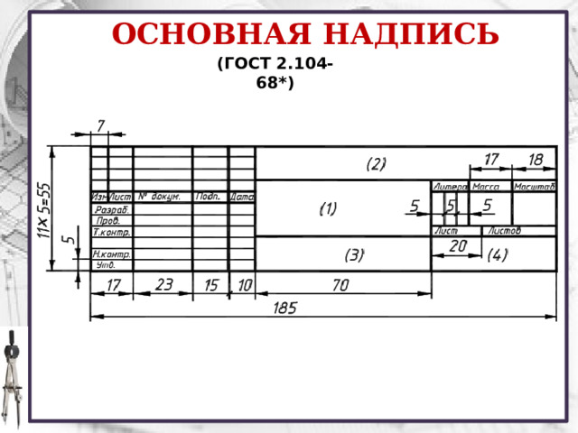 ОСНОВНАЯ НАДПИСЬ (ГОСТ 2.104-68*) на чертежах в правом нижнем углу располагают основную надпись. Форму, размеры и содержание её устанавливает стандарт (ГОСТ 2.104-68*).  