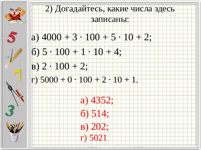 2) Догадайтесь, какие числа здесь записаны:   а) 4000 + 3 · 100 + 5 · 10 + 2; б) 5 · 100 + 1 · 10 + 4; в) 2 · 100 + 2;  г) 5000 + 0 · 100 + 2 · 10 + 1. а) 4352; б) 514; в) 202; г) 5021 . 